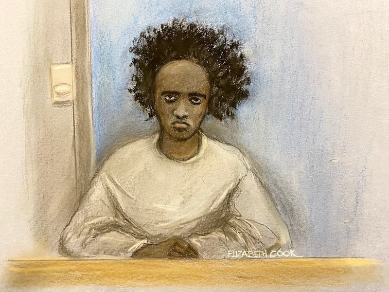 Court artist sketch of Southport stabbings suspect Axel Rudakubana appearing via video link during a preparatory hearing at Liverpool Crown Court