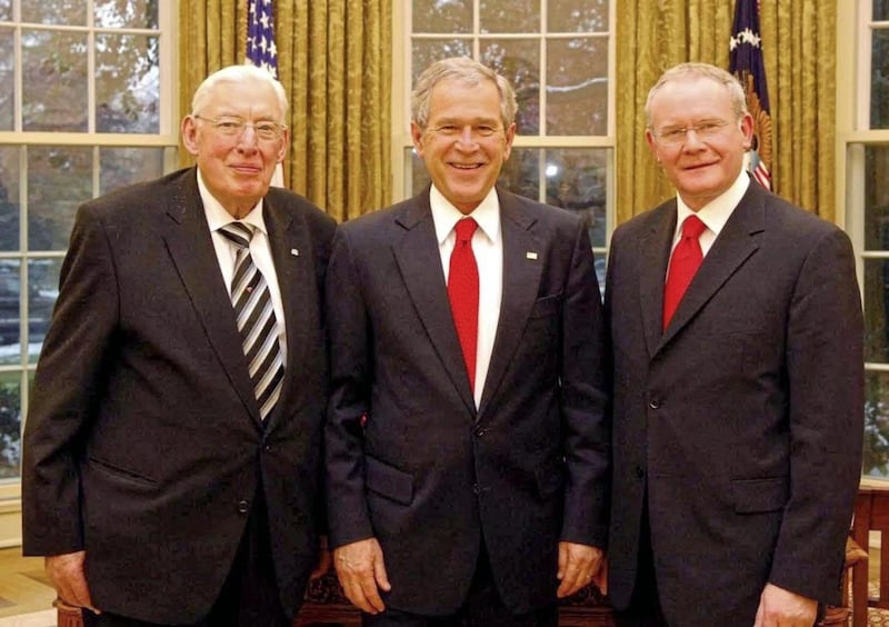 Handout photo of President George W Bush (centre) pictured with First Minister Ian Paisley (left) and Deputy First Minister Martin McGuinness in the Oval Office White House Washington DC. PRESS ASSOCIATION Photo. Picture date: Friday December 7 2007. See PA story ULSTER Politics. Photo credit should read: John Harrison/PA Wire 