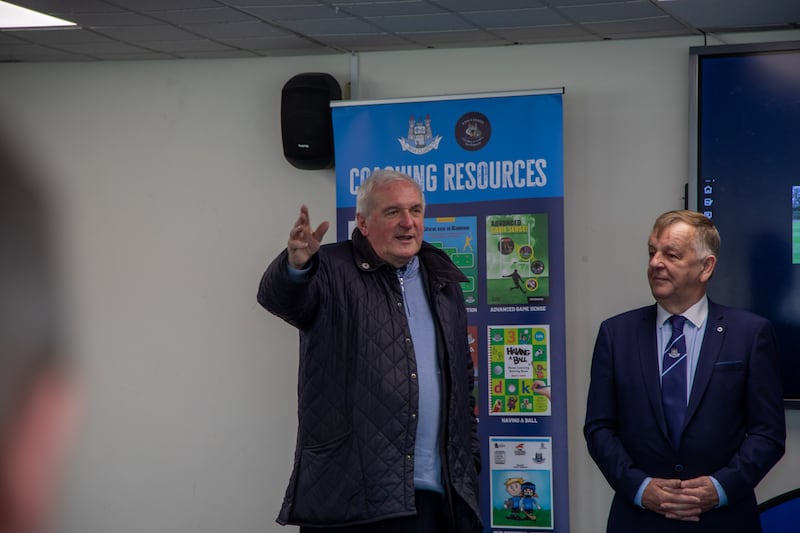 Former Taoiseach Bertie Ahern (left) speaks at the civic reception before the Dublin SFC final.