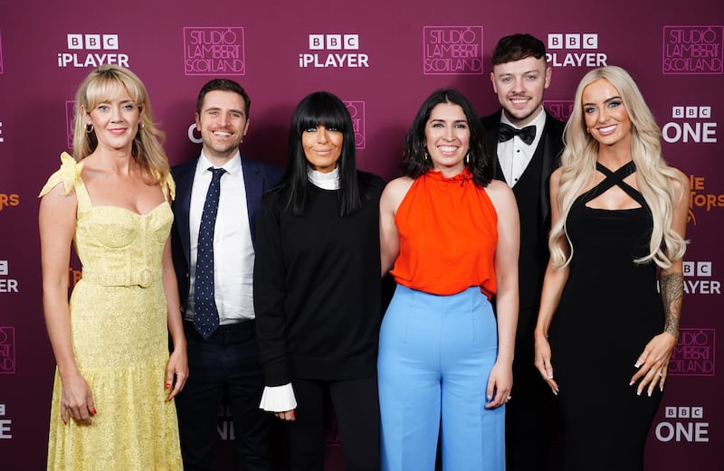 From left, finalists Frankie, Alexander, Claudia Winkleman, Charlotte, Jake, and Leanne during a photocall at BBC’s New Broadcasting House