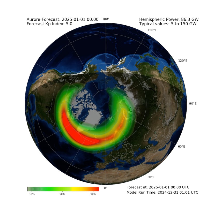 Northern lights forecast for midnight as the New Year arrives (Met Office)