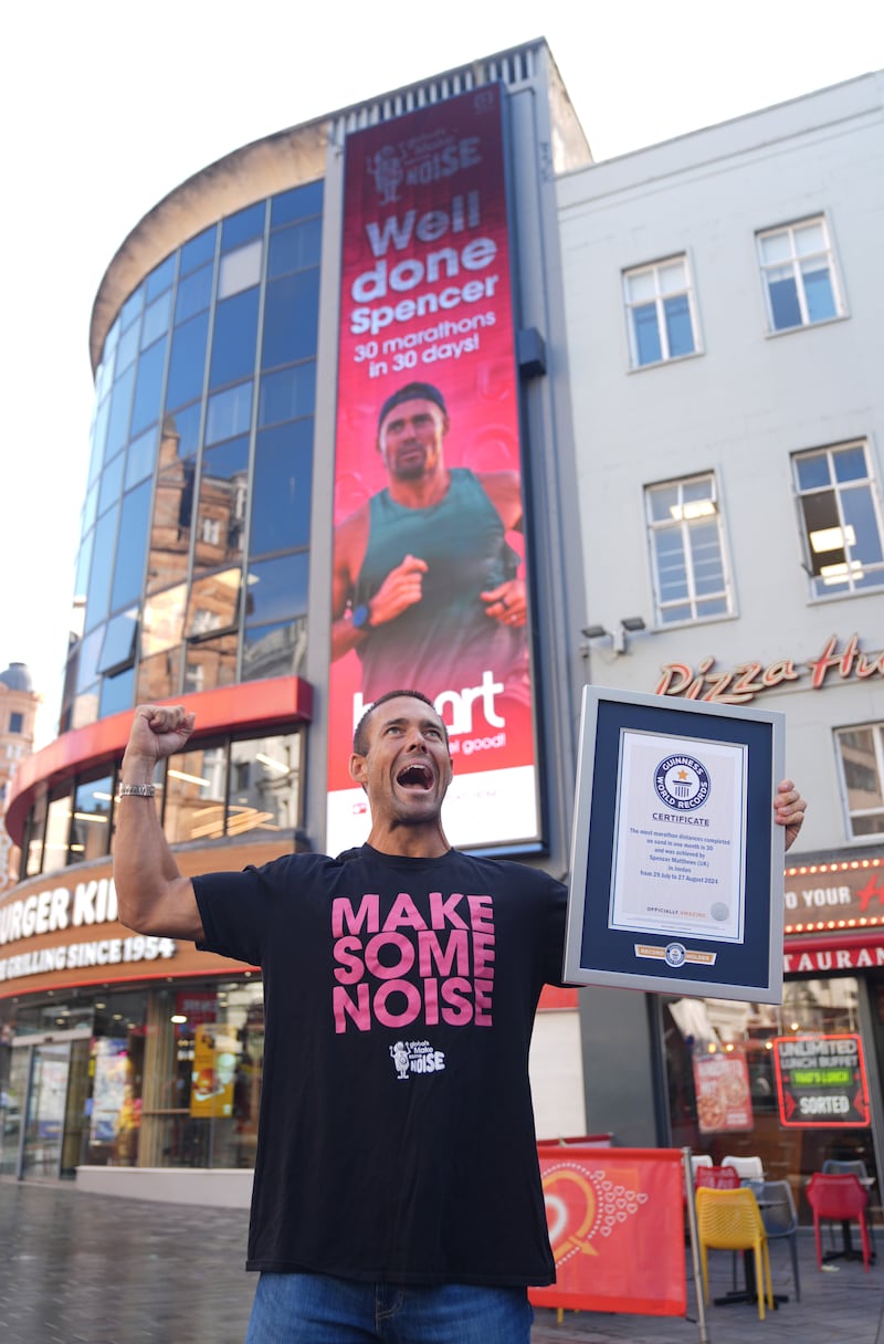 Spencer Matthews outside Global LSQ screens in London to celebrate 30 marathons in 30 days challenge and his Guinness World Record, in aid of Global’s Make Some Noise