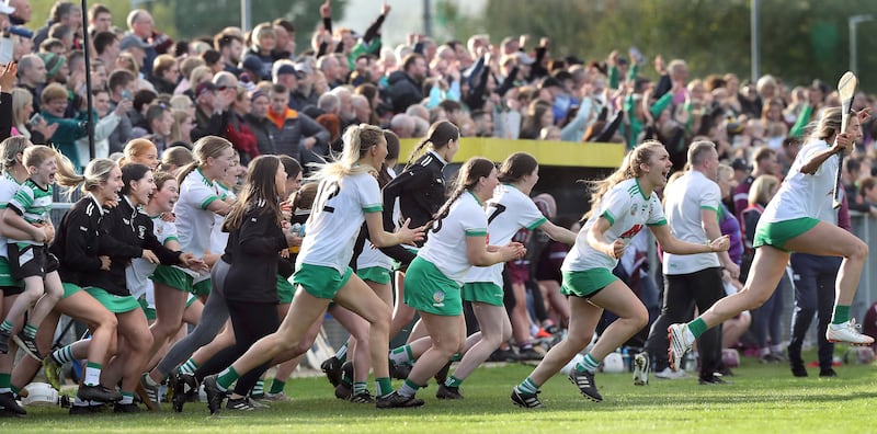 Swatragh players celebrate on the final whistle after their Derry senior camogie final in over Slaughtneil in Maghera on Saturday
Picture: Margaret McLaughlin