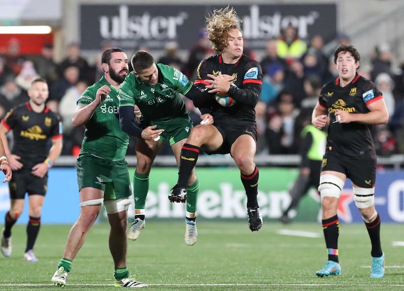 Ulster Rugby Werner Kok  and Connacht  Santiago Cordero during Saturday nightÕs  BKT United Rugby Championship match at Kingspan Stadium.
Picture by Brian Little