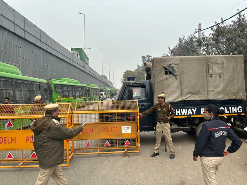 Farmers, who began their march from northern Haryana and Punjab states, are asking for a guaranteed minimum support price for all farm produce (Manish Swarup/AP)