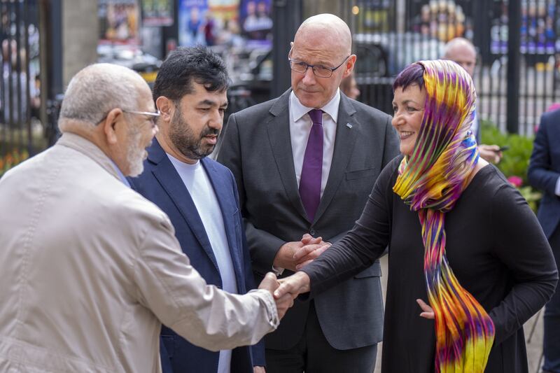 First Minister John Swinney and Justice Secretary Angela Constance (right) meet Imam Habib Rauf (left) at Edinburgh Central Mosque.