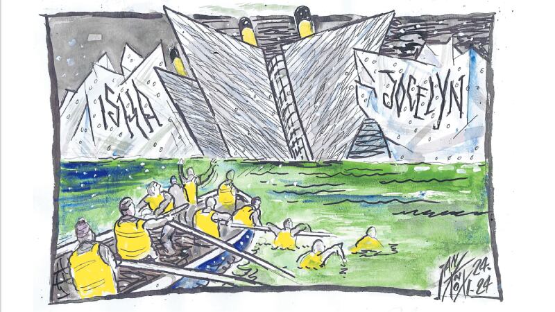 Cartoon showing two icebergs, one named Isha and another Jocelyn, ramming into the Titanic Museum building in Belfast as a lifeboat full of people rows away