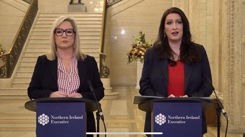 First Minister Michelle O’Neill and deputy First Minister Emma Little Pengelly during a press conference on the Storm Eowyn response in Parliament Buildings