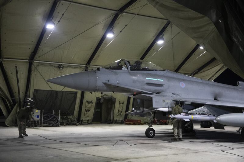 An RAF Typhoon FRG4 being prepared to conduct further strikes against Houthi targets on Saturday (Cpl Samantha Drummee/MOD/Crown Copyright)