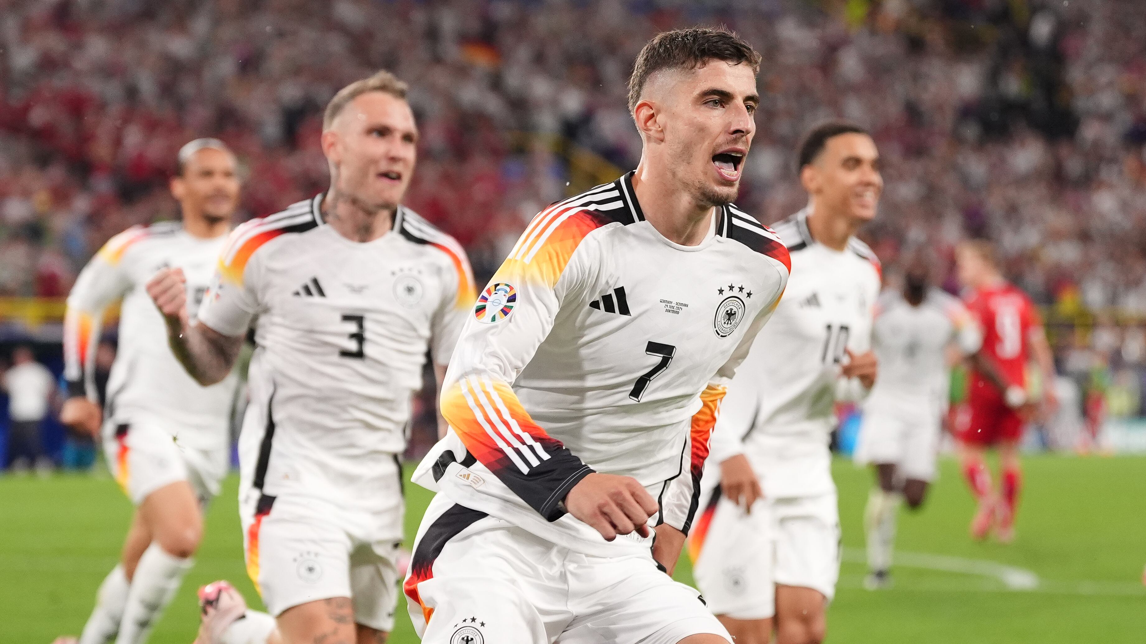 Germany’s Kai Havertz celebrates after opening the scoring in their round-of-16 victory against Denmark at Euro 2024