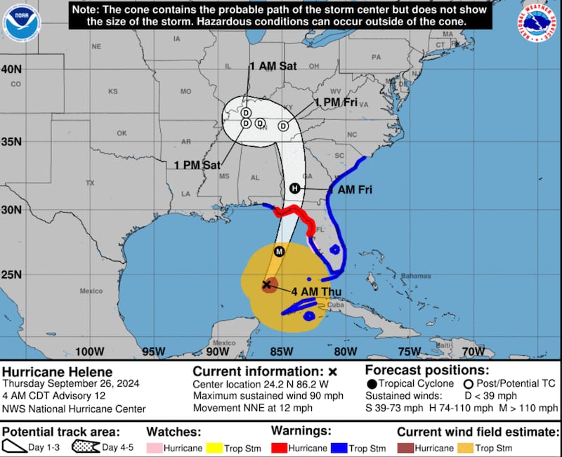 Map showing predicted path of Hurricane Helene as it is forecast to weaken to a tropical storm as it makes its way inland (National Hurricane Center)