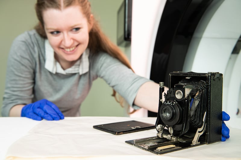 Eleanor Durrant, Conservator, National Science and Media Museum, positioning the ‘Cameo’ camera on the NewTom CBCT (Cone Beam CT) scanner at the University of Bradford