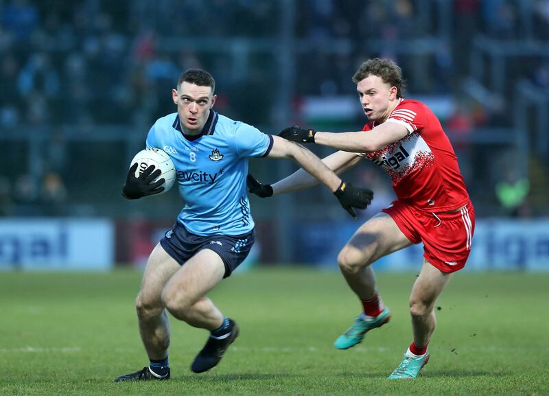 Derry Donncha Gilmore with Brian Fenton of Dublin during the National Football League match played at Celtic Park in Derry on Saturday 2nd of March 2024. Picture Margaret McLaughlin