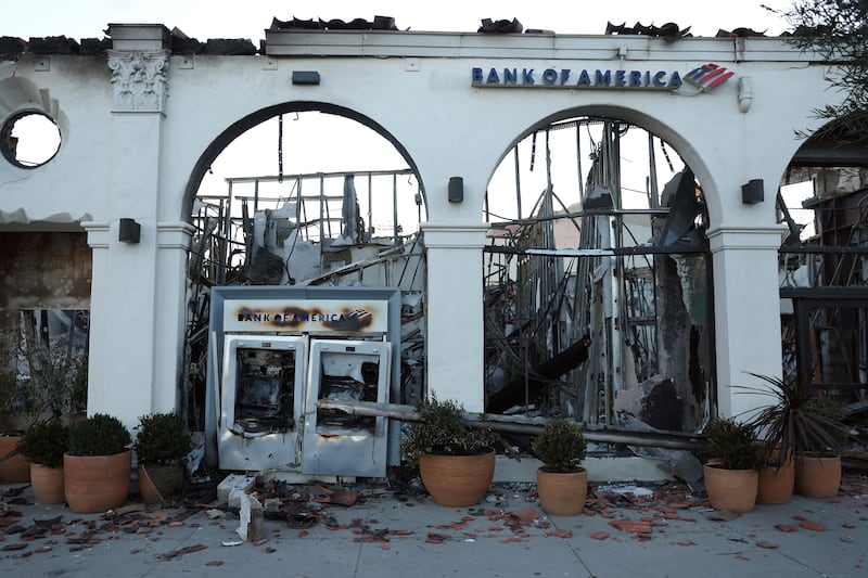 A destroyed Bank of America is seen on Sunset Boulevard (Scott Strazzante/San Francisco Chronicle via AP)