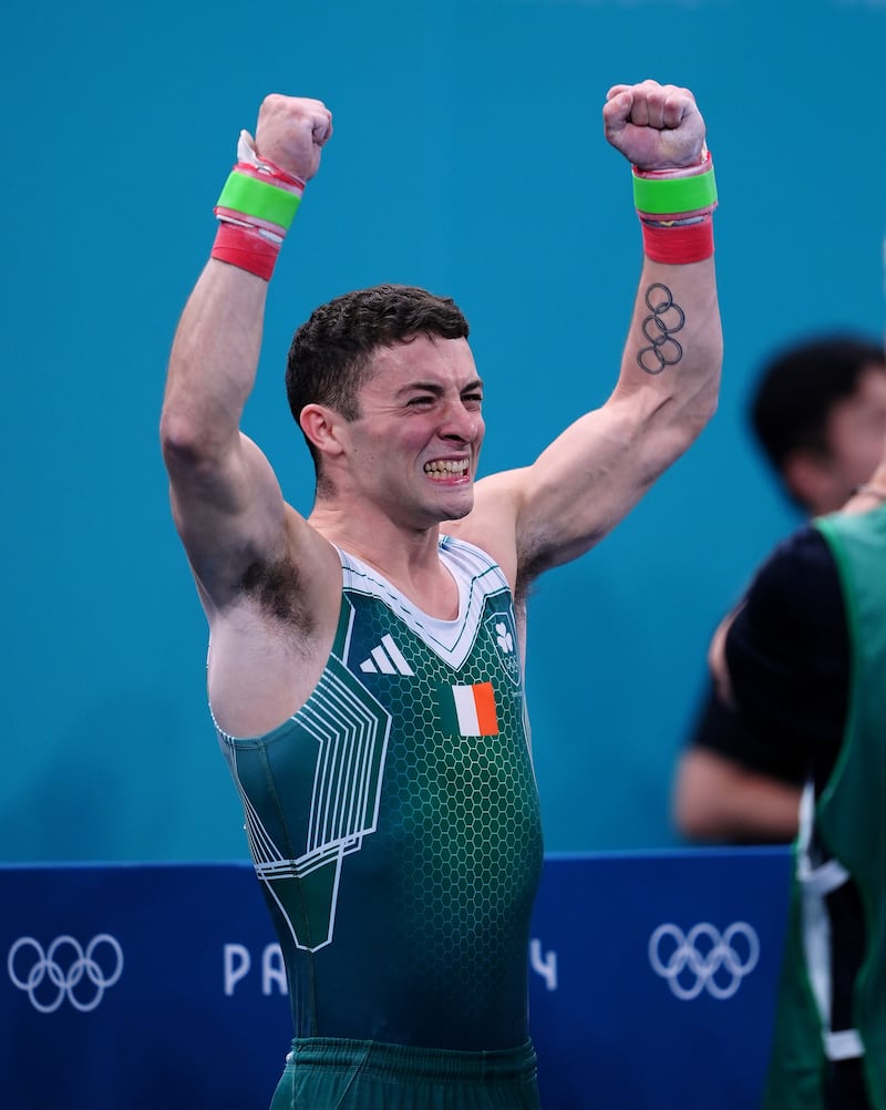 Ireland’s Rhys McClenaghan reacts after competing in the pommel horse final