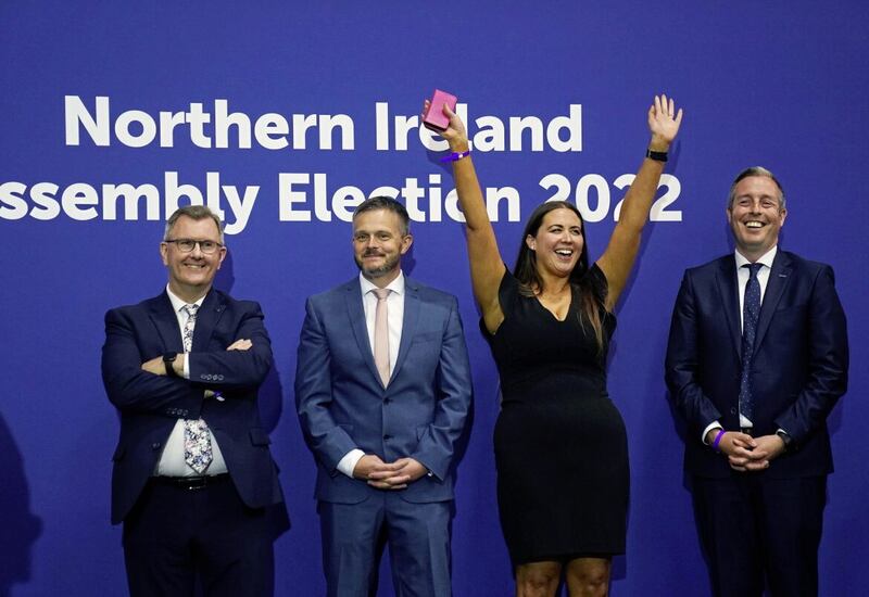 Lagan Valley elected candidates (from left) DUP leader Sir Jeffrey Donaldson, Ulster Unionist Party deputy leader Robbie Butler, Alliance Party&#39;s Sorcha Eastwood and Democratic Unionist Party&#39;s Paul Givan, at Ulster University Jordanstown count centre in Newtownabbey as counting continues in the Northern Ireland Assembly Election. Picture date: Saturday May 7 2022. PA Photo. See PA story ULSTER Election. Photo credit should read: Brian Lawless/PA Wire. 