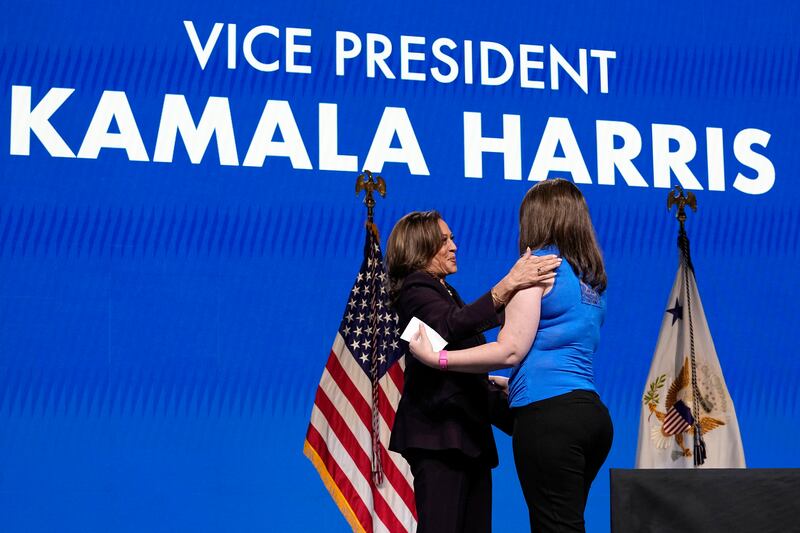 Vice president Kamala Harris is introduced by Brittany Shoup, right, during the American Federation of Teachers’ 88th national convention (Tony Gutierrez/AP)