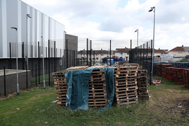 Bonfire materials and pallets at the rear of Lisnasharragh Liesure Centre in east Belfast 