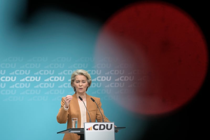 Ursula von der Leyen during a press conference after a board meeting of the Christian Democratic Union in Berlin, Germany (Markus Schreiber/AP)