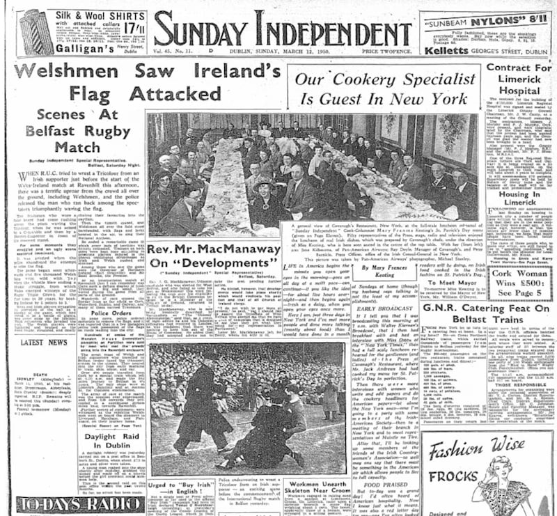 An image on the front page of the Sunday Independent in 1950 shows RUC officers tackling a man waving a tricolour ahead of the Ireland v Wales rugby international at Ravenhill, Belfast