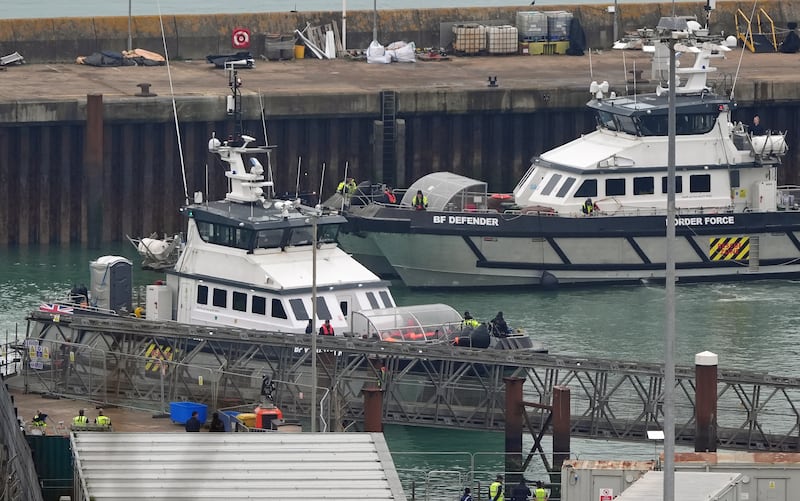 A group of people thought to be migrants are brought in to Dover, Kent, onboard a Border Force vessel following a small boat incident in the Channel