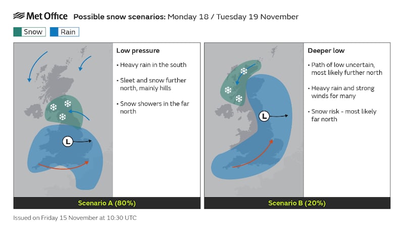 The Met Office has issued two potential scenarios for how snow is likely to affect the UK next week (credit: Met Office)