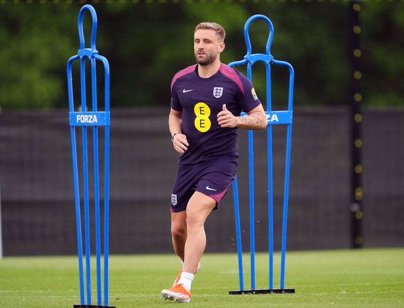 England’s Luke Shaw during a training session at the Spa & Golf Resort Weimarer Land
