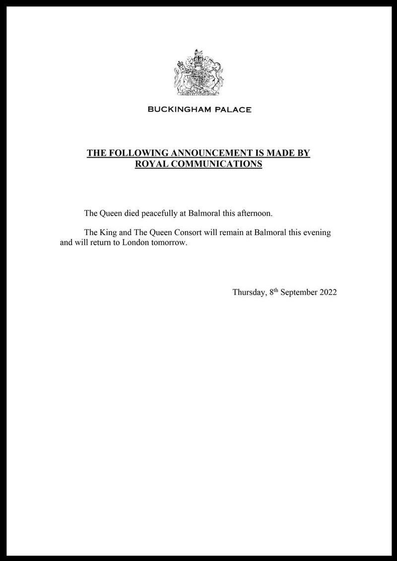 The announcement confirming the death of the Queen