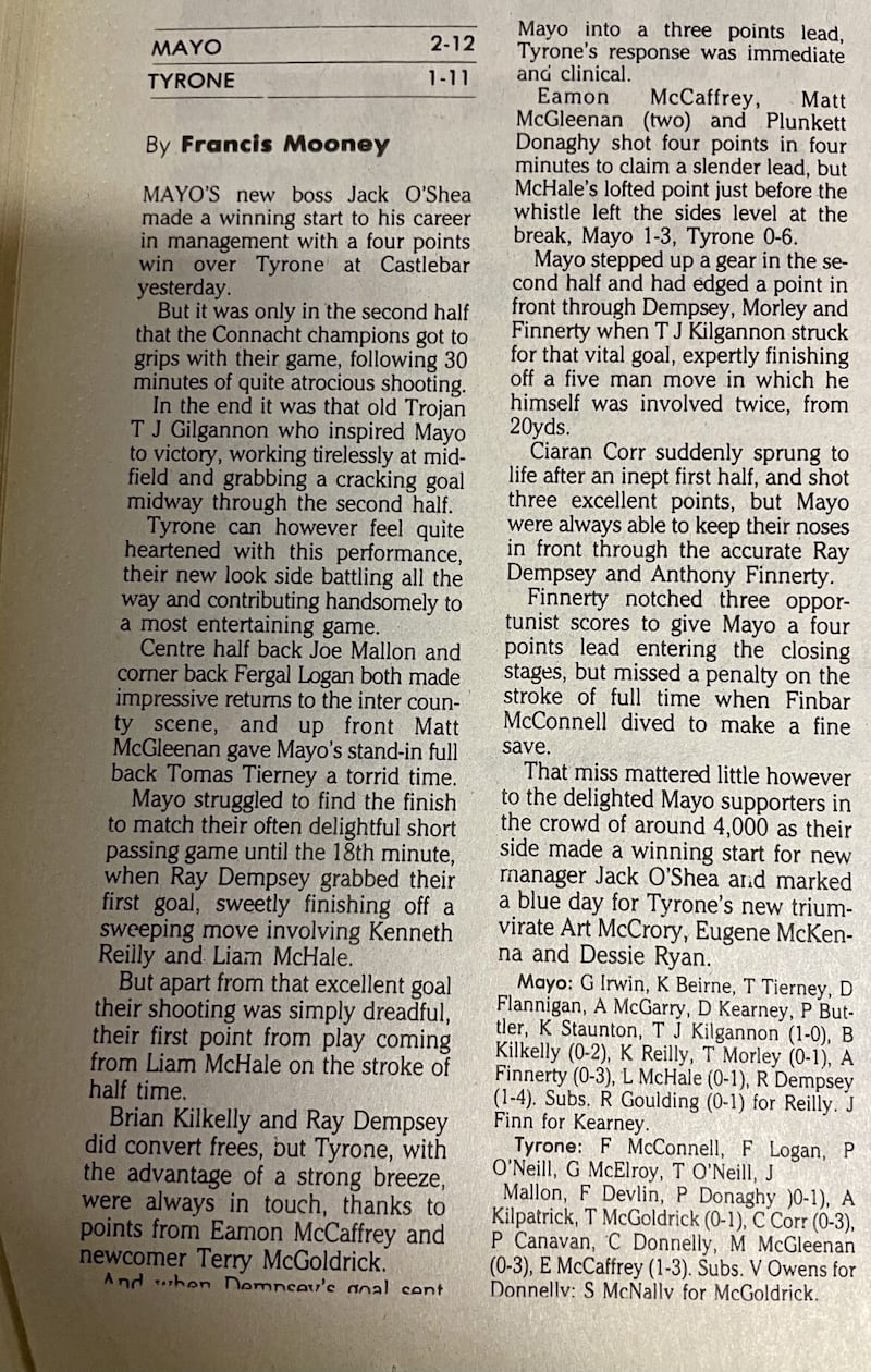 The Irish News report from the last time Mayo beat Tyrone in Castlebar in the National Football League, October 18 1992. 