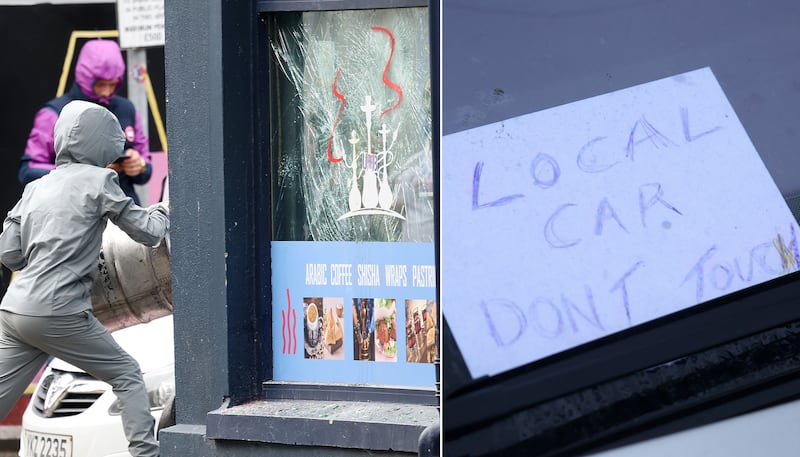 A business is attacked on Donegall Road by a masked youth (left), while a notice (right) states 'local car don't touch'.