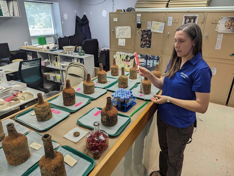 Curator Lily Carhart shows a pipette used to extract liquid from a few dozen 18th-century glass bottles that contained fruit after they were unearthed from the cellar of George Washington’s residence in Mount Vernon, Virginia (Nathan Ellgren/AP)