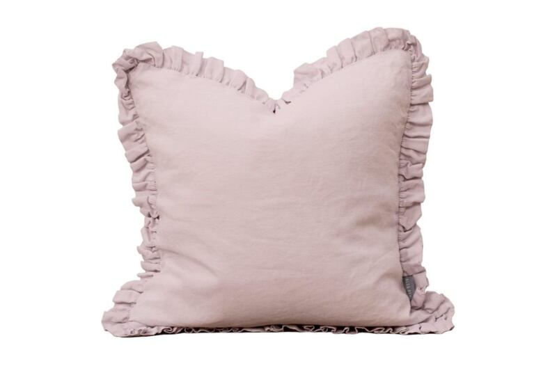 Oli Ruffle Pink Linen Cushion, The French Bedroom Company