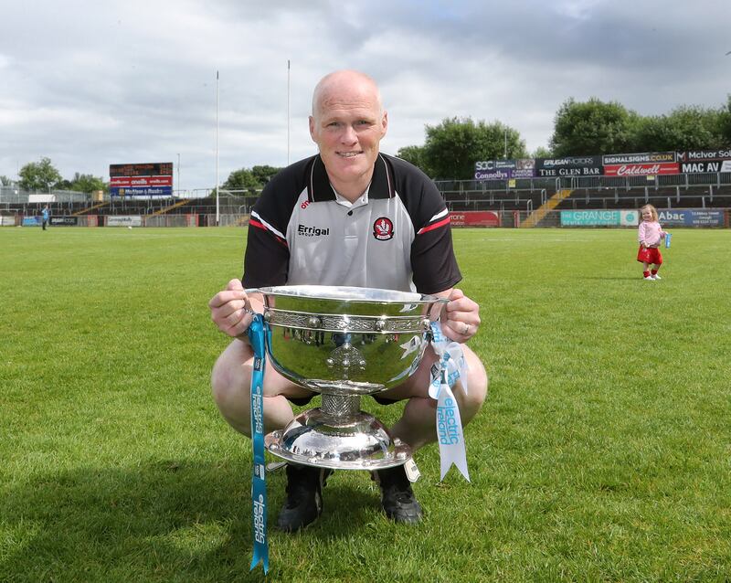 Derry manager Damian McErlain with the cup after beating Armagh in the All Ireland Minor Football Championship Final played at Healy Park, Omagh on Sunday 7th July 2024. Picture Margaret McLaughlin