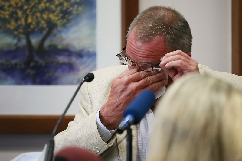 Neil Heslin, the father of six-year-old Sandy Hook shooting victim Jesse Lewis, during his evidence at the trial for Alex Jones in August 2022 (Briana Sanchez/Austin American-Statesman via AP)