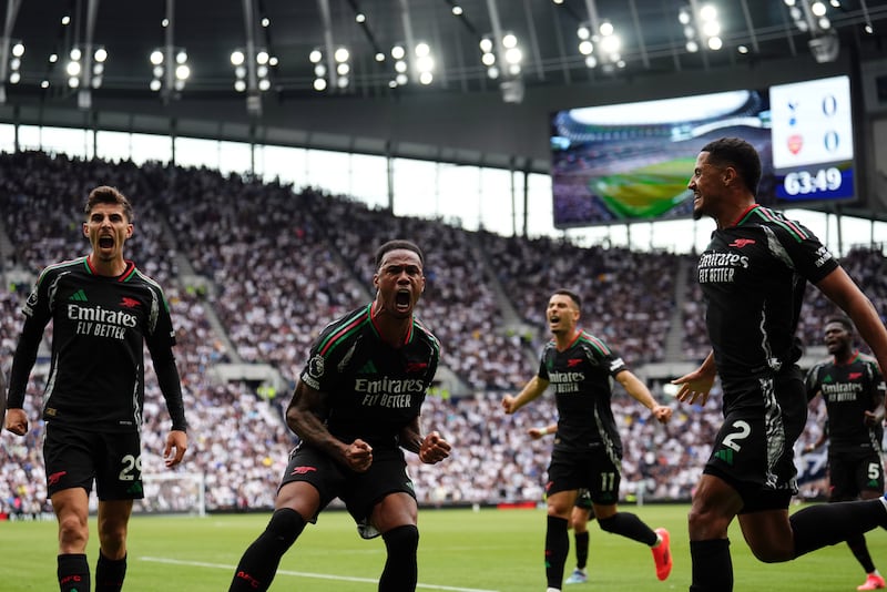 Arsenal celebrate Gabriel’s goal at Tottenham