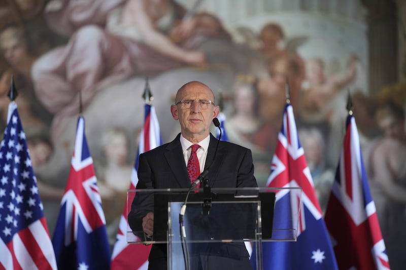 Defence Secretary John Healey speaking during a press conference at the Aukus defence ministers’ meeting at the Old Royal Naval College in London this week