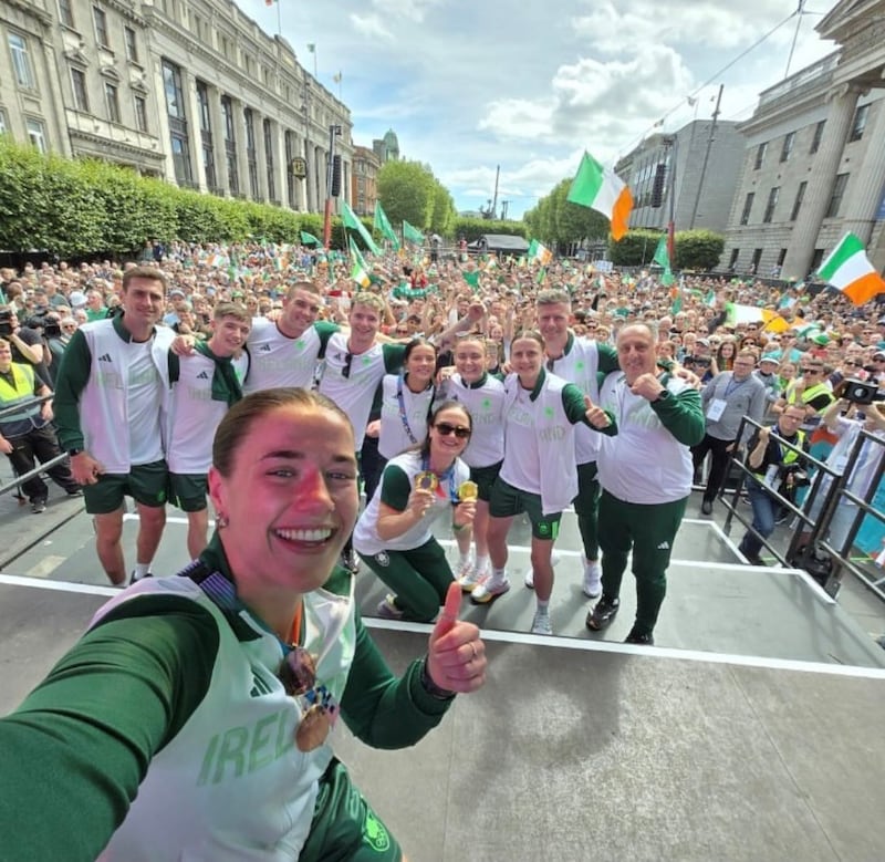 The Irish boxing team at Monday's Olympic homecoming in Dublin