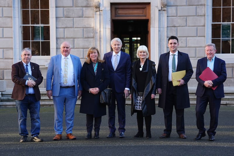 (Left to right) Kevin ‘Boxer’ Moran, Noel Grealish, Gillian Toole, Michael Lowry, Marian Harkin, Barry Heneghan and Sean Canney at Leinster House in Dublin, after a deal was reached to form Ireland’s next government