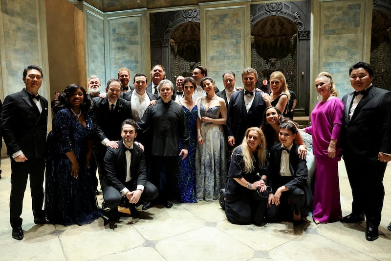 Sir Antonio Pappano (centre left) with the cast of the gala performance at the Royal Opera House