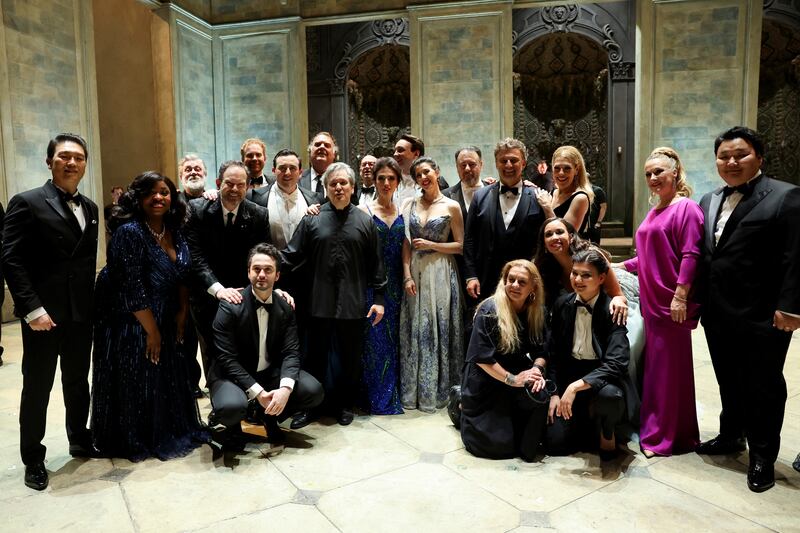 Sir Antonio Pappano (centre left) with the cast of the gala performance at the Royal Opera House