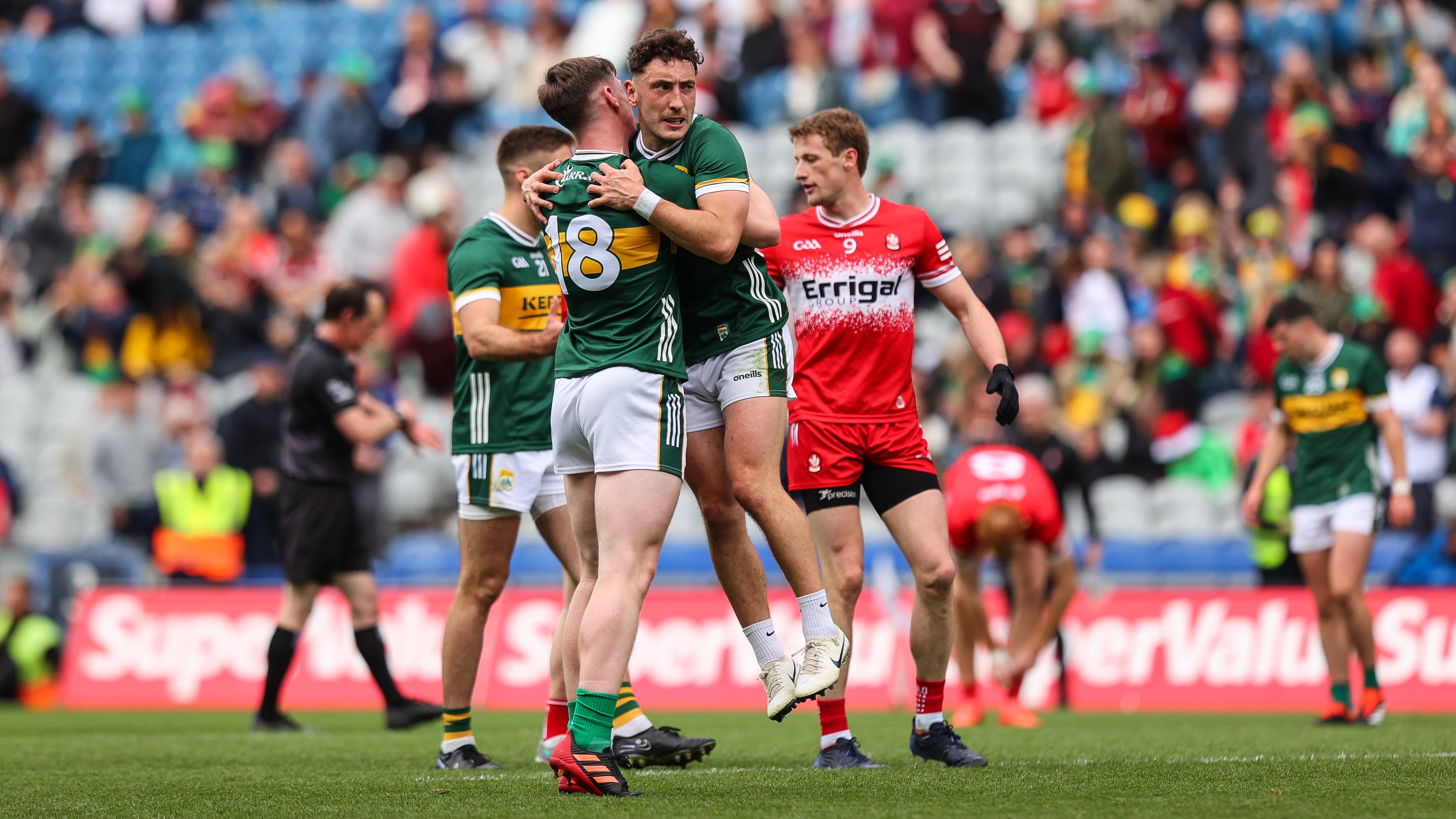 Kerry’s Cillian Burke and Paudie Clifford celebrate after the game. Picture: INPHO/Ryan Byrne