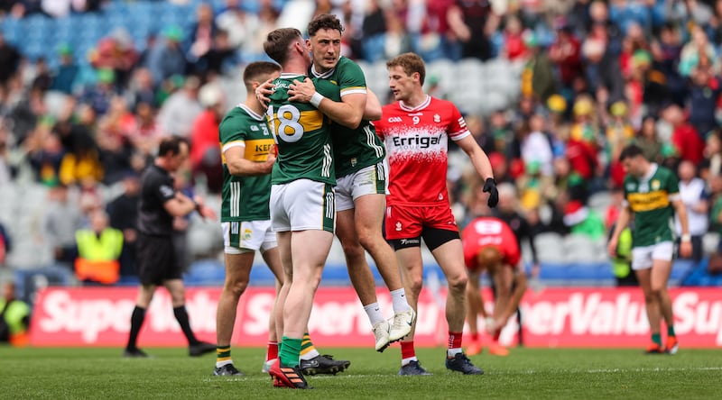 Kerry’s Cillian Burke and Paudie Clifford celebrate after the game. Picture: INPHO/Ryan Byrne