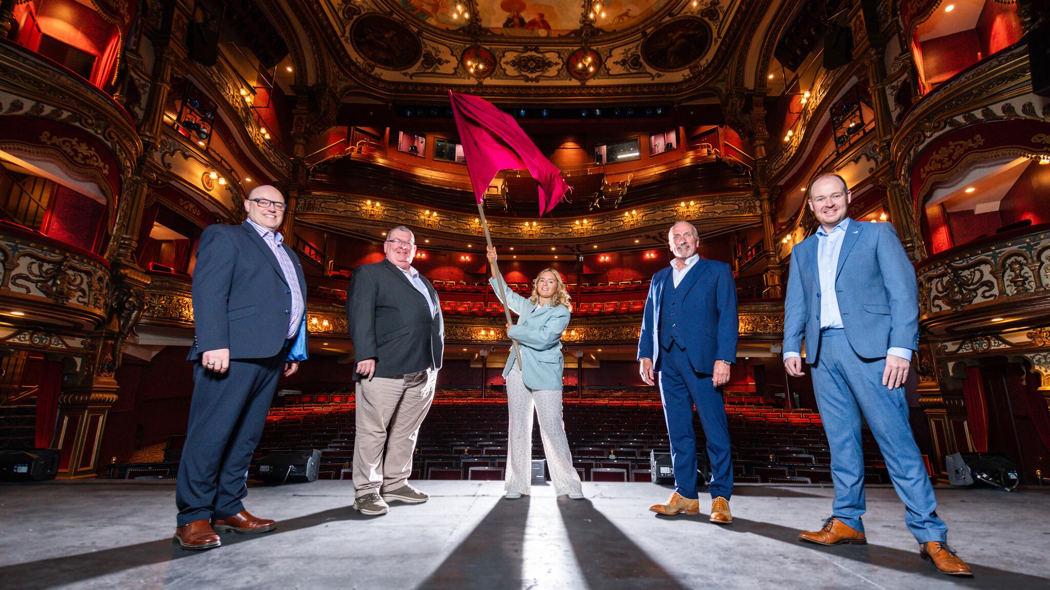 Grand Opera House's Ian Wilson, Gareth Maxwell of the Ulster Operatic Company, Director of Les Misérables Kerry Rodgers, Colin Boyd of the Belfast Operatic Company and Gareth McGreevy of the St Agnes’ Choral Society