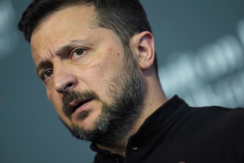 Ukraine’s President Volodymyr Zelensky speaks during a press conference at the Ukraine peace summit in Switzerland (Laurent Cipriani/AP)