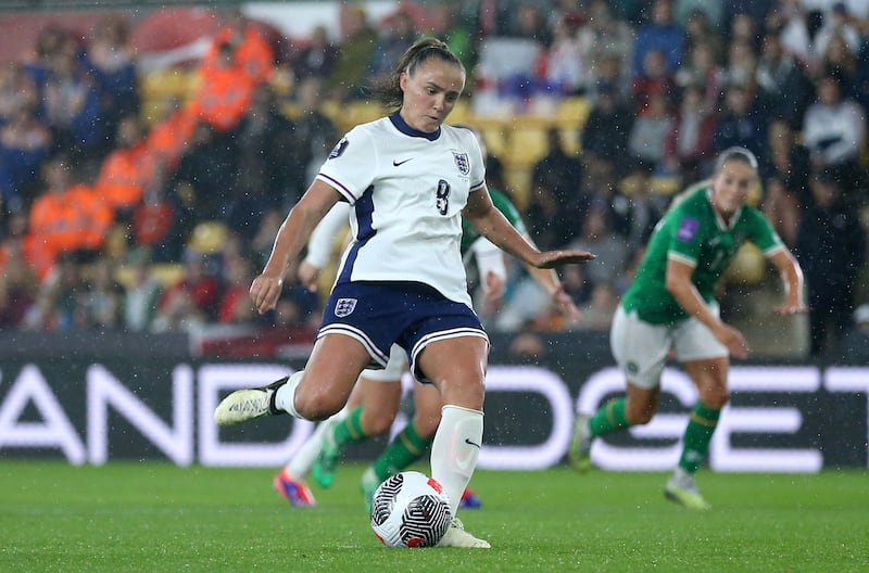 Georgia Stanway scores England’s second goal from the penalty spot