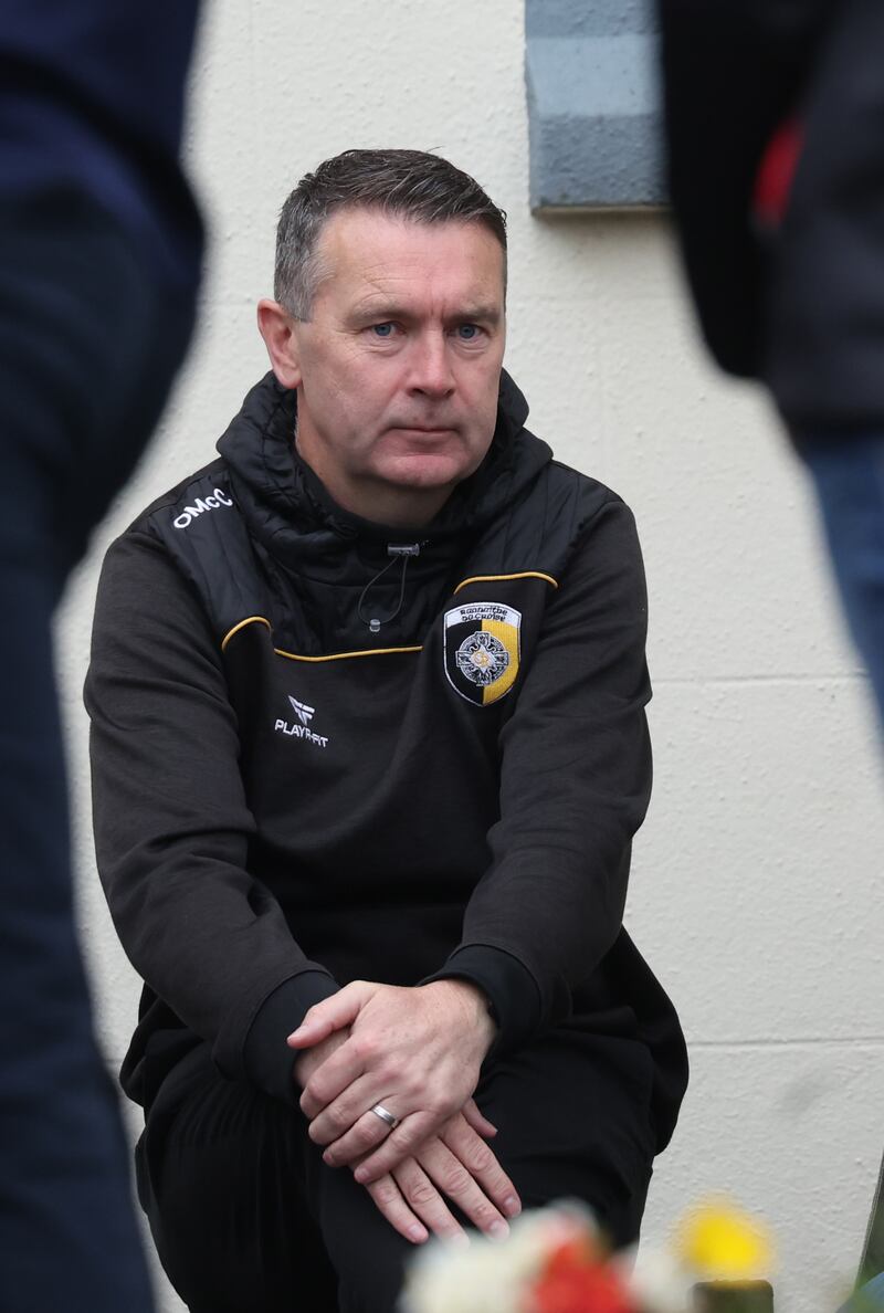 Oisin McConville at the Funeral of  Crossmaglen Rangers player Caolan Finnegan on Monday, Caolan received a lap of honour at Crossmaglen ground before the funeral at St Patrick’s Church.
PICTURE COLM LENAGHAN