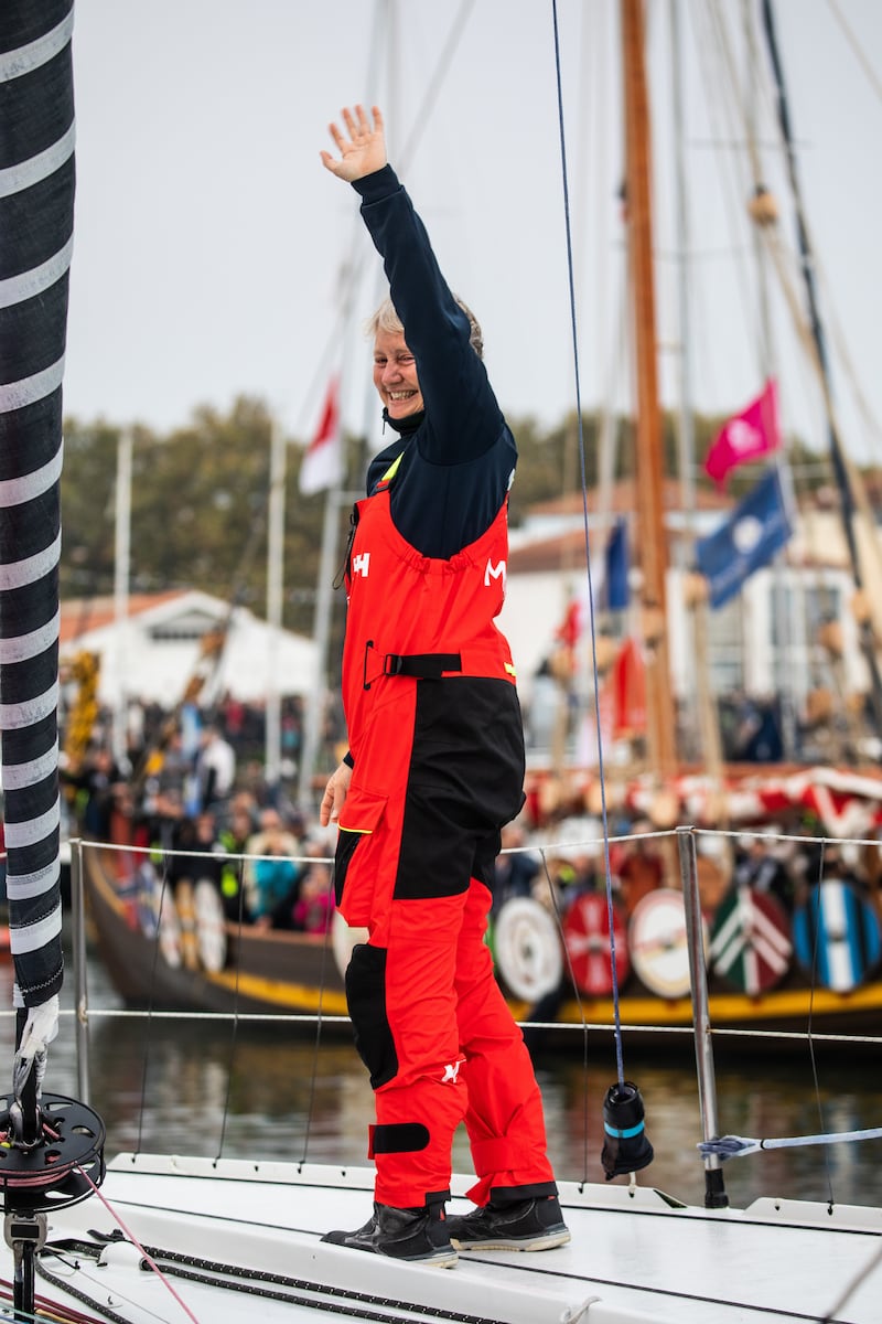 Pip Hare says goodbye before setting sail in the Vendee Globe race at Les Sables d’Olonne, France