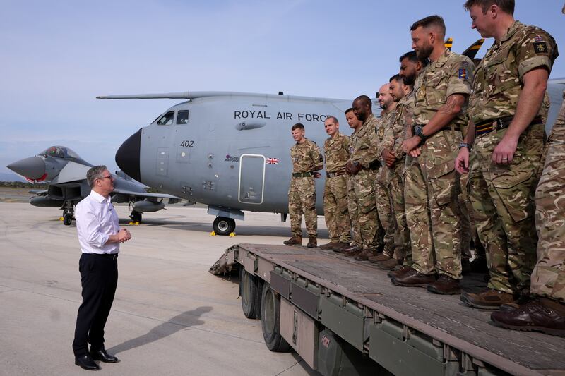 Sir Keir Starmer speaks to soldiers at the RAF base in Akrotiri, Cyprus