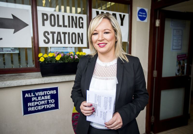 Sinn F&eacute;in leader in Northern Ireland Michelle O'Neill arrives at a polling station at St Patrick's primary school in Annaghmore, Clonoe to cast her vote in the General Election. Picture from Press Association