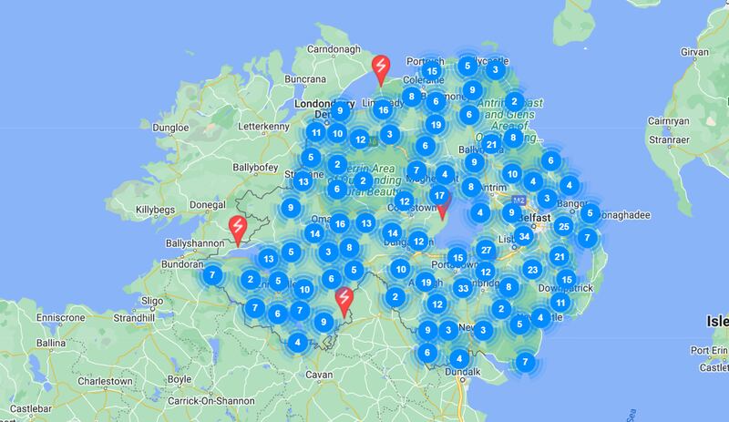 Northern Ireland Electricity has released a map showing power outages across Northern Ireland caused by recent storms.